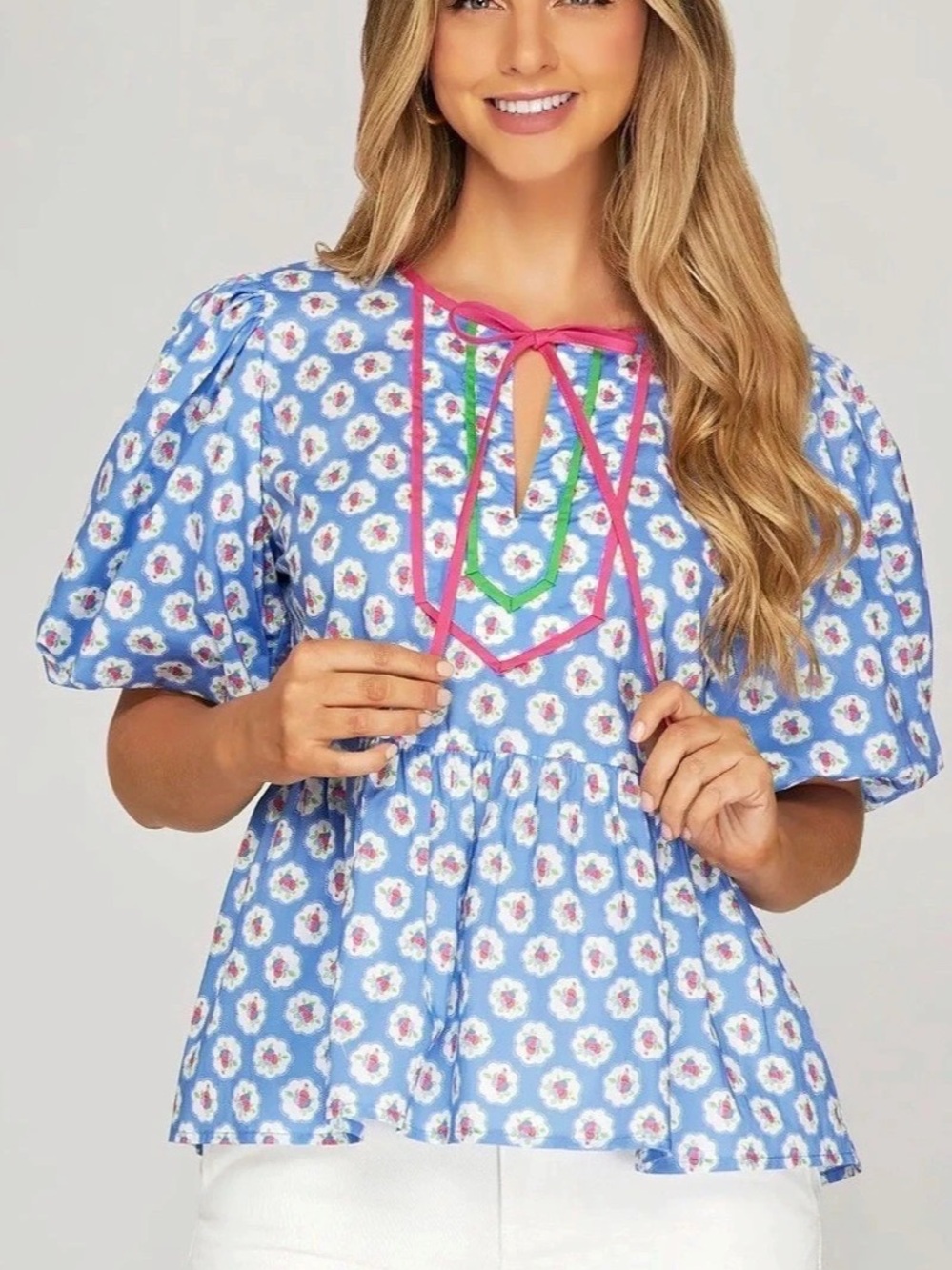 Blue Floral Print Tie Front Puff Sleeve Crop Top NWT